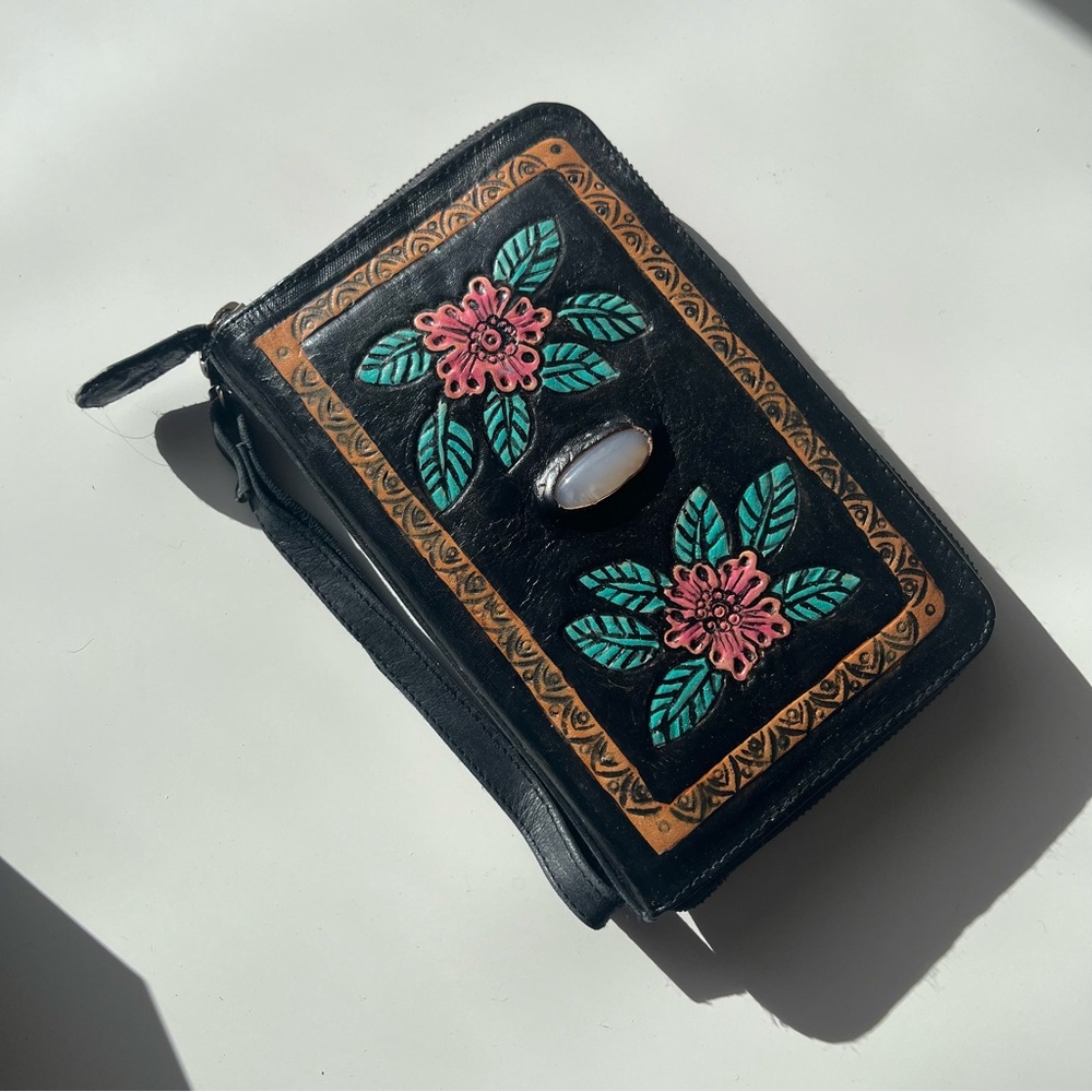 Chic Authentic Balinese Florals Embellished Black Leather Wallet